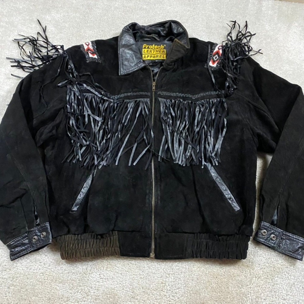 VTG Fringe Leather Jacket Mens 46 Protech Apparel Western Black Suede Beaded